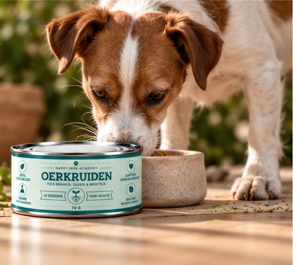 Hond eet uit een bak