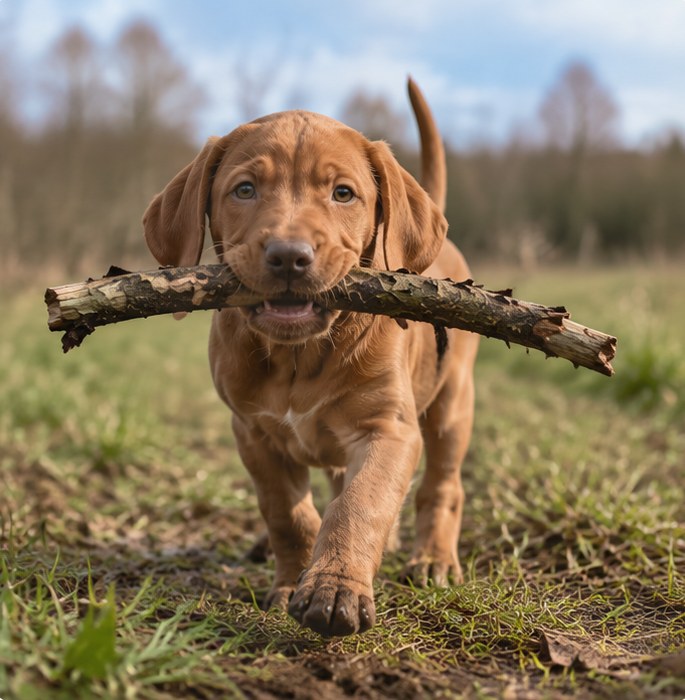Jonge hond met stok